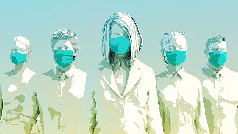 five front line workers with masks and labcoats