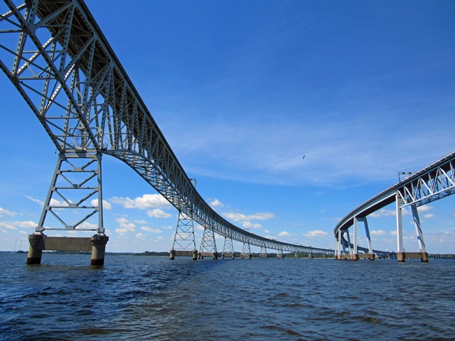Chesapeake Bay Bridge View from a boat on the water.