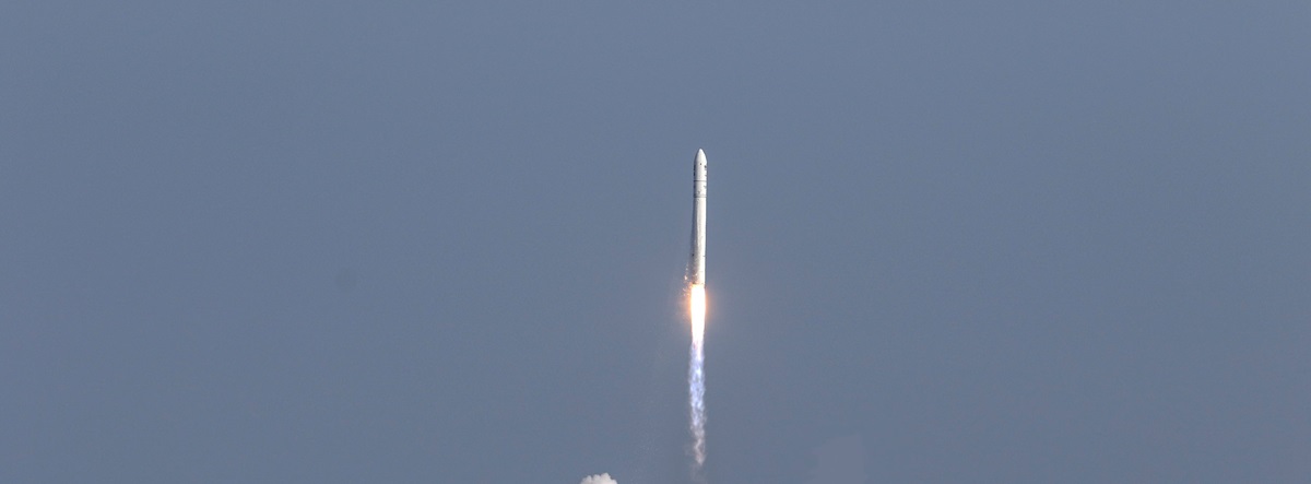 The Antares rocket launches in the sky