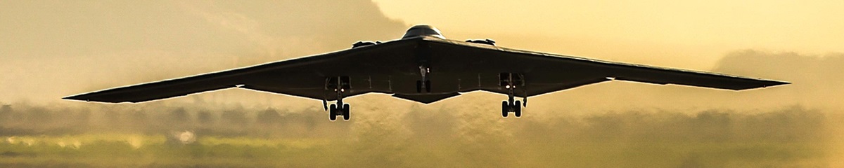 B-2 Bomber takes off at sunset