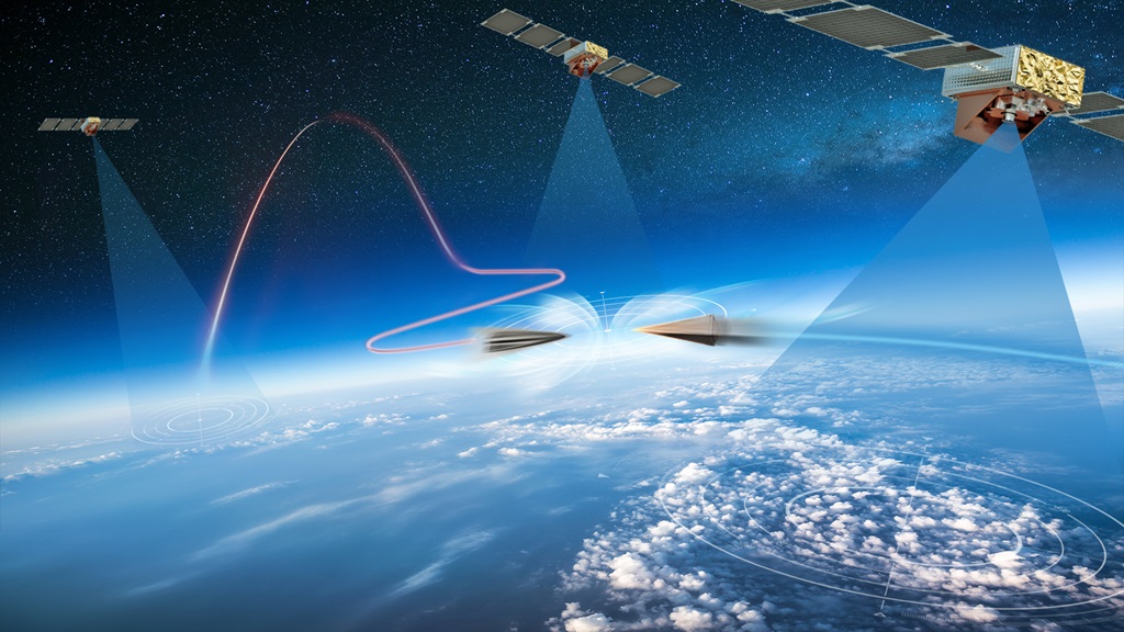 3 satellites in orbit above Earth sending signals