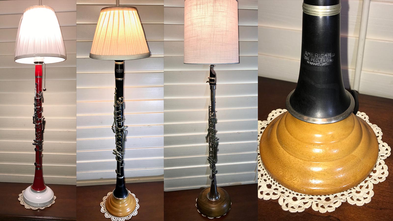 three lamps made from clarinets