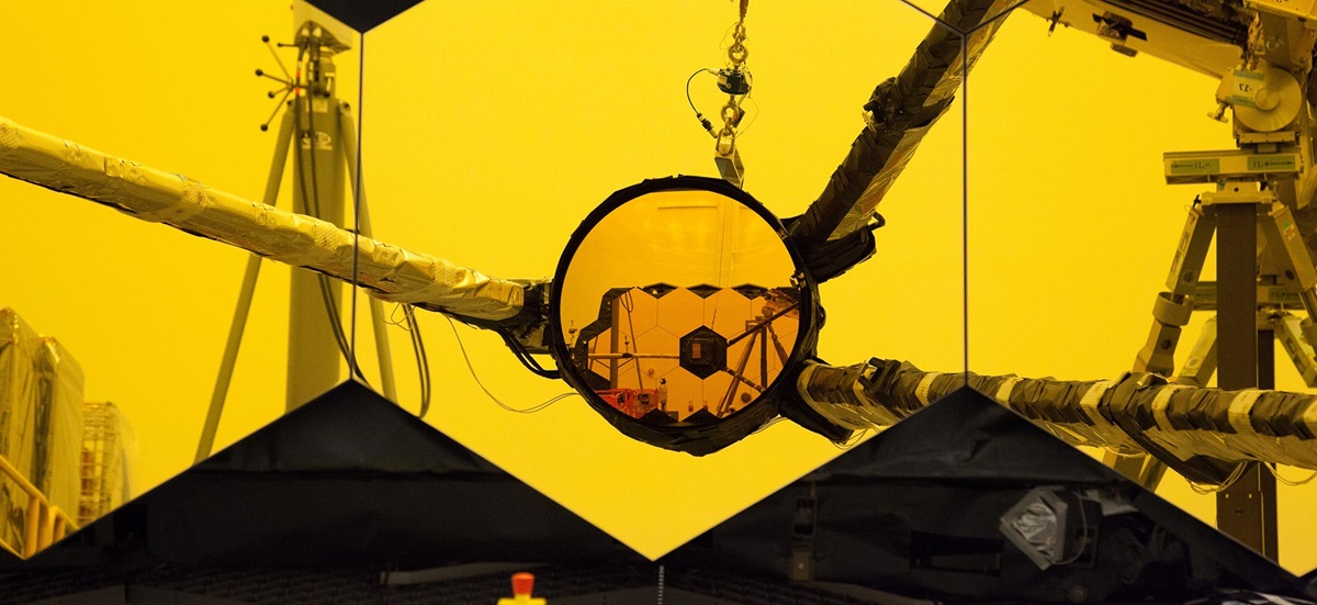 A close-up of a mirror on the James Webb Space Telescope