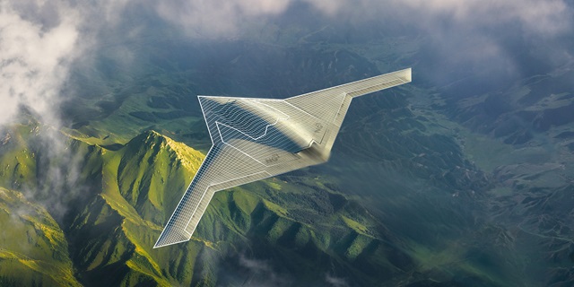 Digitized unmanned plane flying over green mountains