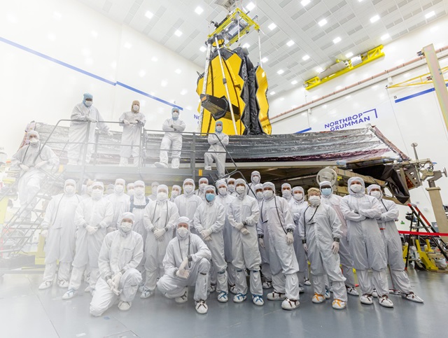 Webb Telescope workers wearing bunny suits
