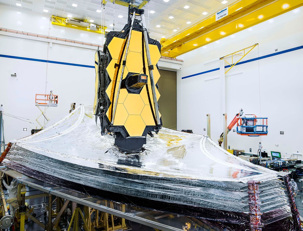 Fully assembled view of a space telescope in manufacturing plant