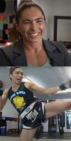 female employee in business attire on top and bottom image of same worker doing kickboxing