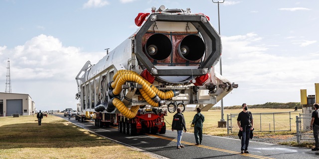 Antares Rocket on flatbed, being transported to launchpad in Wallops Island, Virginia