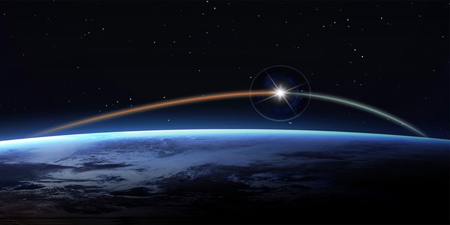 Twilit sky in space with a bright star and streak arching over Earth