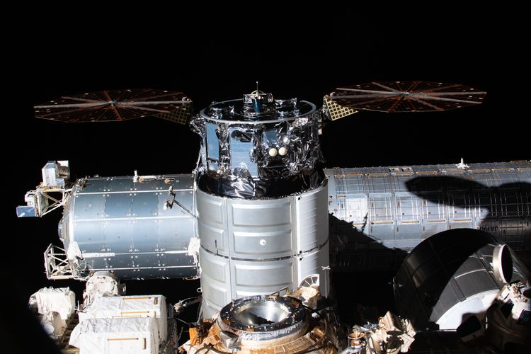 Cygnus docked to the International Space Station prior to performing an operational reboost