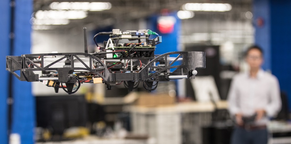 a drone in flight in a lab