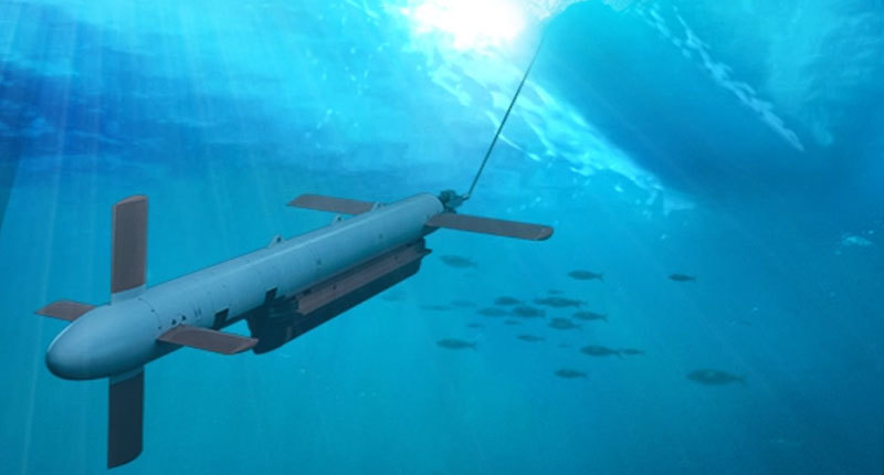 Underwater minehunting product projected downward in the ocean