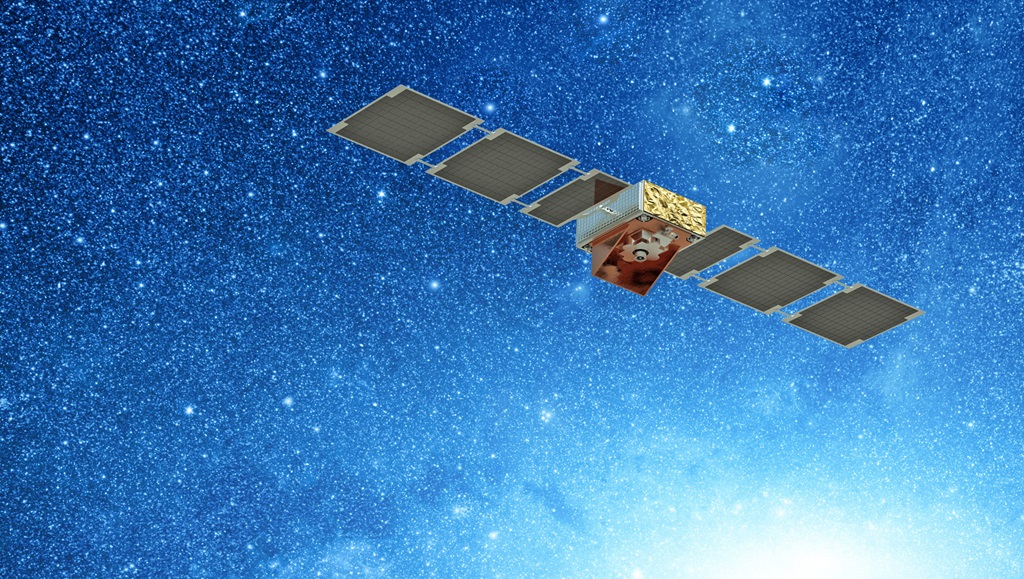 A satellite in Space in front of star filled sky