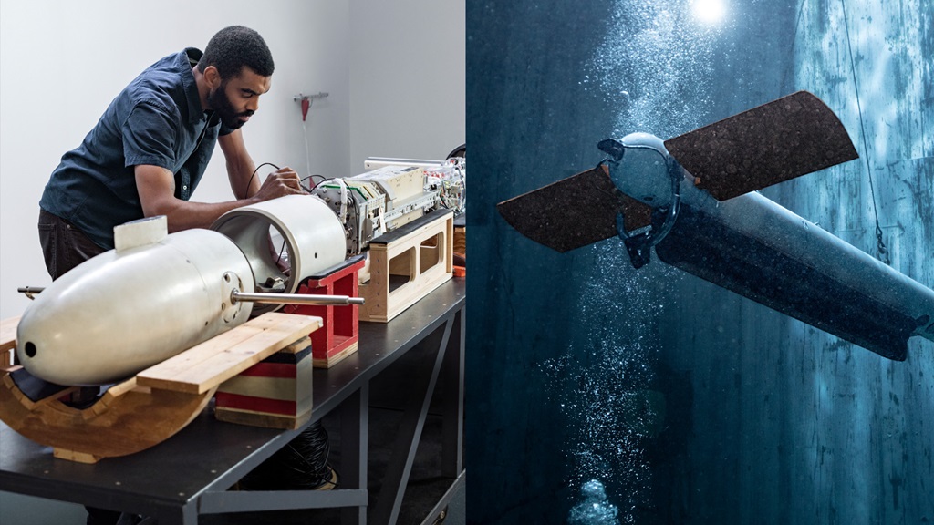Two sided collage - left side is African American man bending over white torpedo in a manufacturing setting. Right side is the torpedo in action under water.